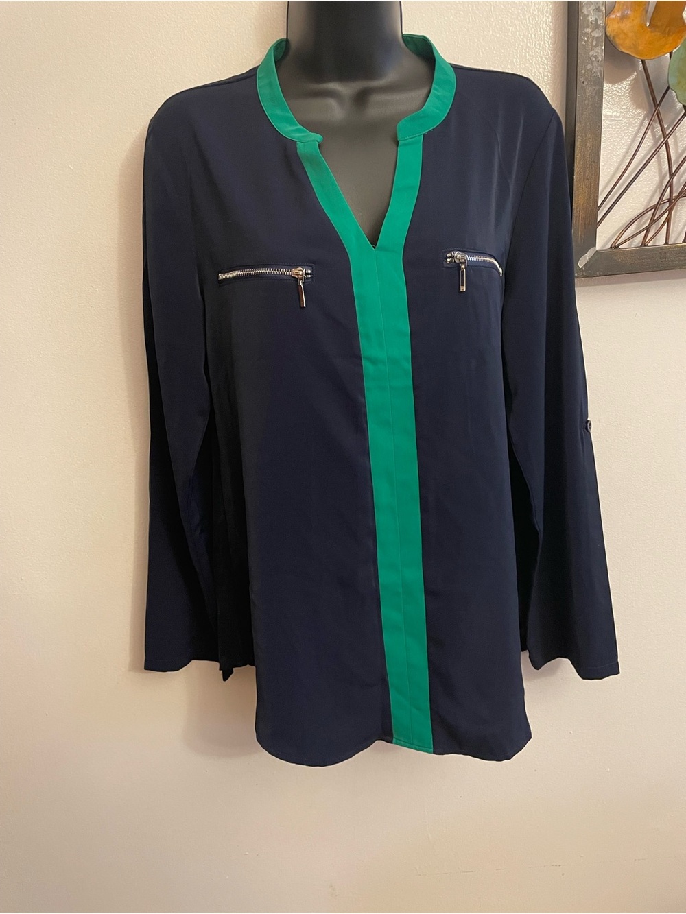 Gaharu Women's Casual Split V Neck Navy Blue Chiffon Blouse Size Medium